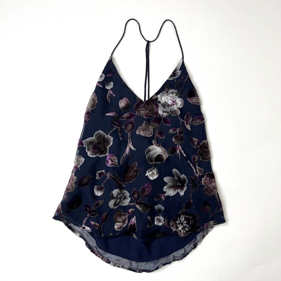 Navy Blue Velvet Silver Flowers Tank Top - Picture 1 of 4